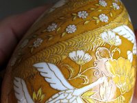 Spiral Birds and Blooms Chiyogami Ukrainian Style Easter Egg Pysanky by So Jeo : Pysanky Pysanka Ukrainian Easter egg batik ukrainian easter art batik  eggshell kimono chiyogami washi origami fans cranes birds blooms gold leaf sojeo leblond artist